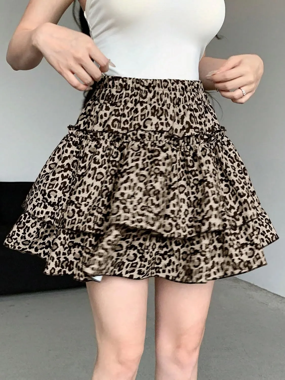 SweatyRocks Women's Leopard Print Elastic High Waist Flared Skort Layered Ruffle Smocked Mini Skirts