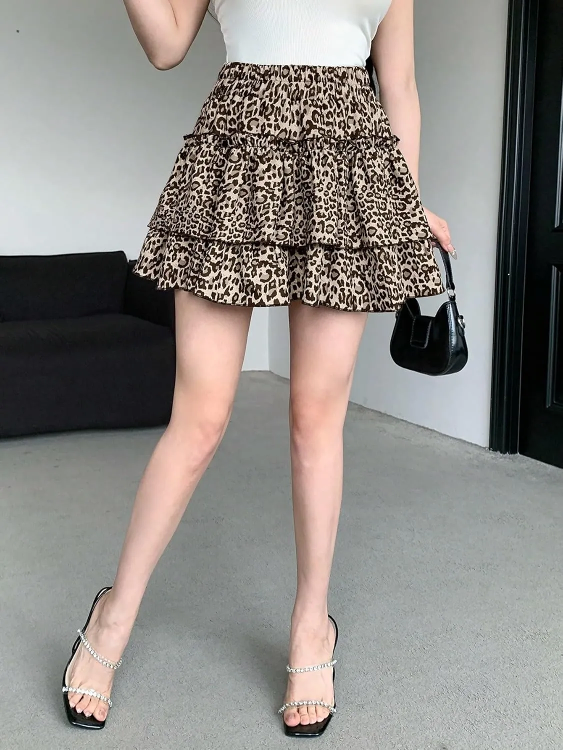 SweatyRocks Women's Leopard Print Elastic High Waist Flared Skort Layered Ruffle Smocked Mini Skirts