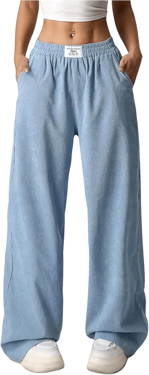 SweatyRocks Women's Wide Leg Pants Elastic High Waisted Casual Trousers with Pockets