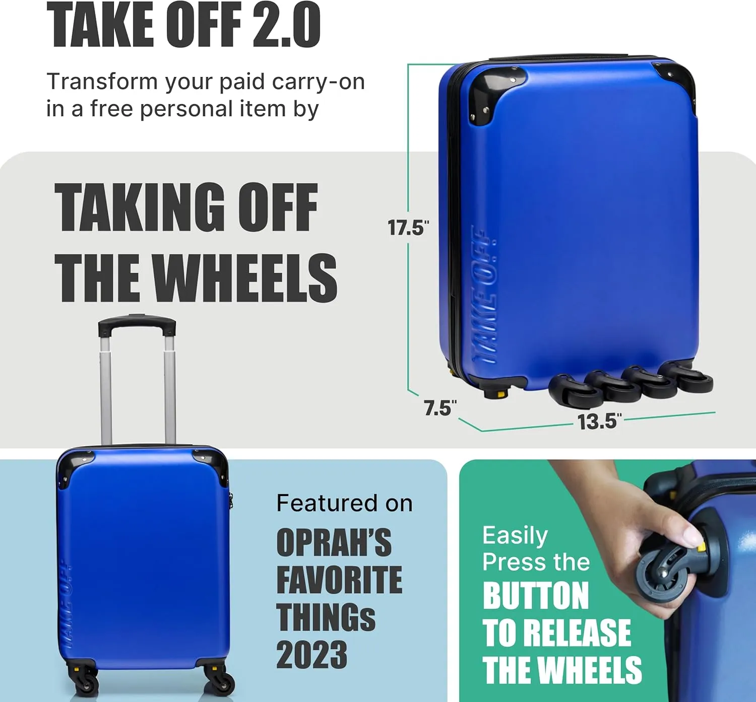 Take OFF Luggage - Personal Item Rolling Suitcase 2.0, TSA Approved, Small Carry On, Under the Seat, Hard Case with Removable Wheels, Light Weight Bag, Airplane Travel Essential Accessories, 18x14x8