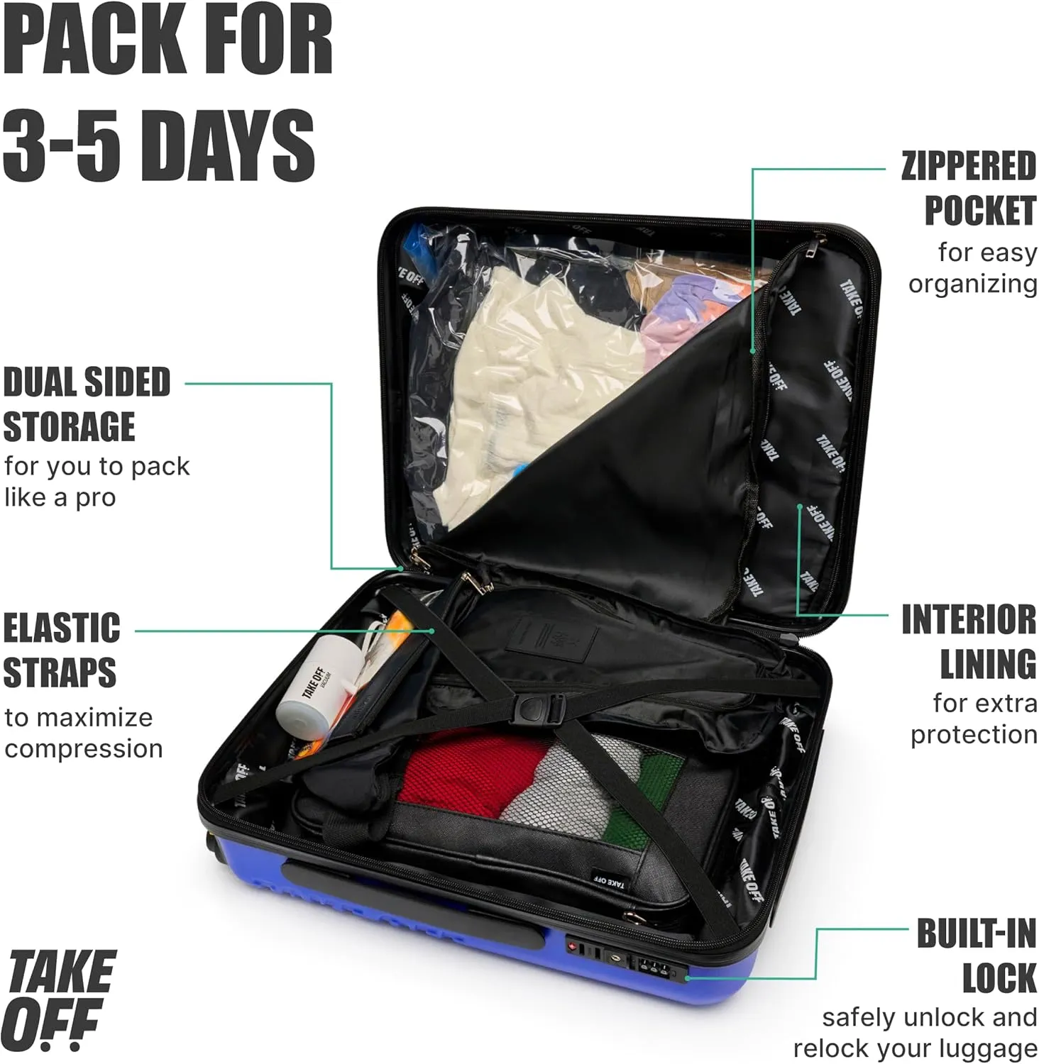 Take OFF Luggage - Personal Item Rolling Suitcase 2.0, TSA Approved, Small Carry On, Under the Seat, Hard Case with Removable Wheels, Light Weight Bag, Airplane Travel Essential Accessories, 18x14x8