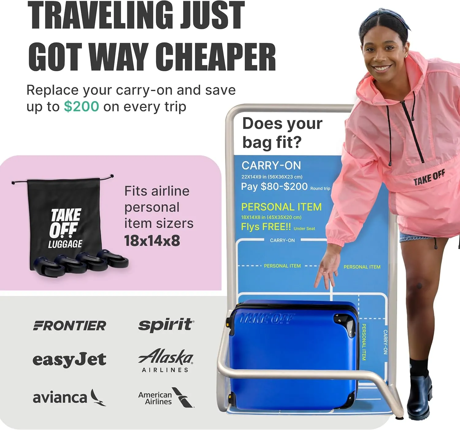 Take OFF Luggage - Personal Item Rolling Suitcase 2.0, TSA Approved, Small Carry On, Under the Seat, Hard Case with Removable Wheels, Light Weight Bag, Airplane Travel Essential Accessories, 18x14x8