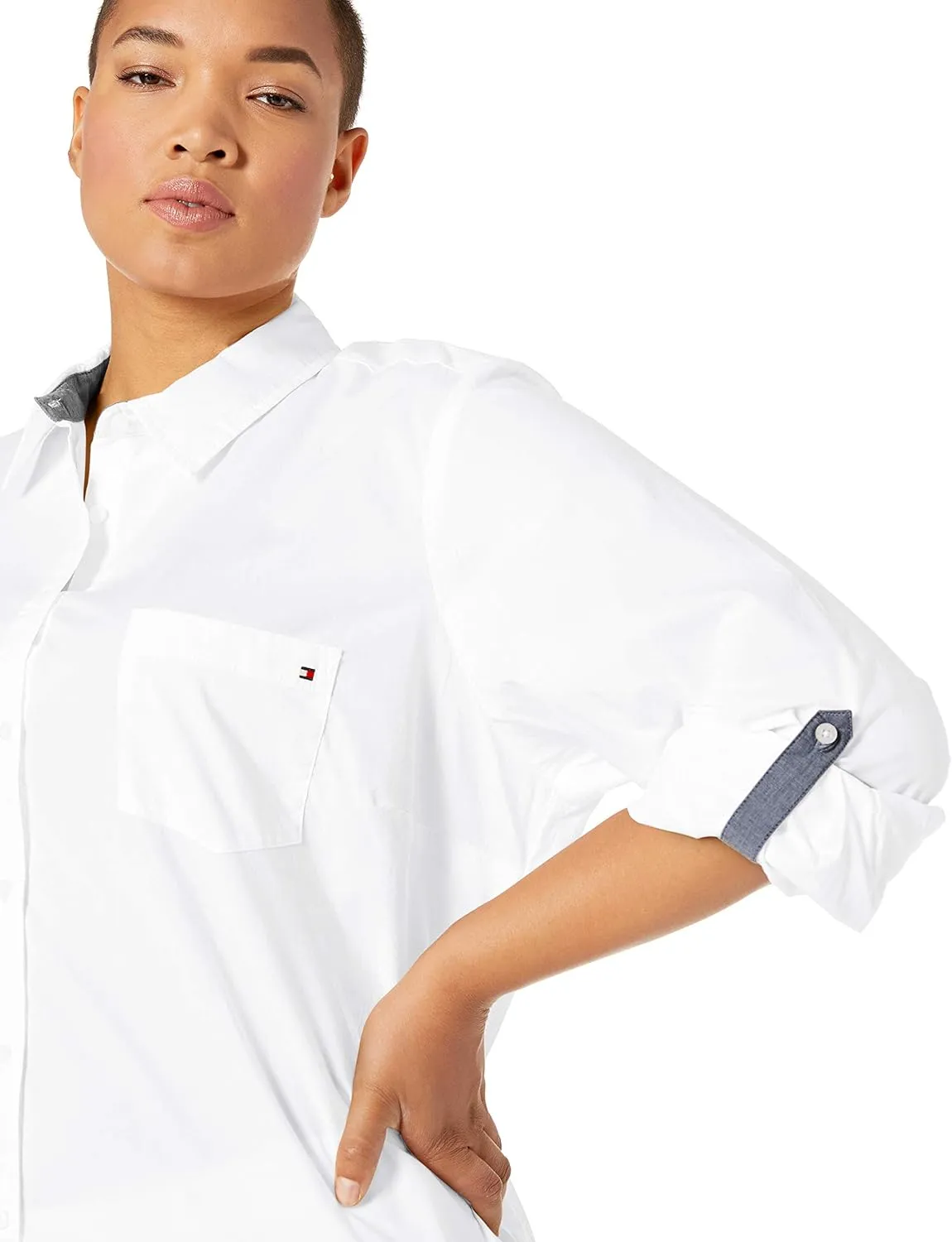Tommy Hilfiger Women's Button Collared Shirt With Adjustable Sleeves