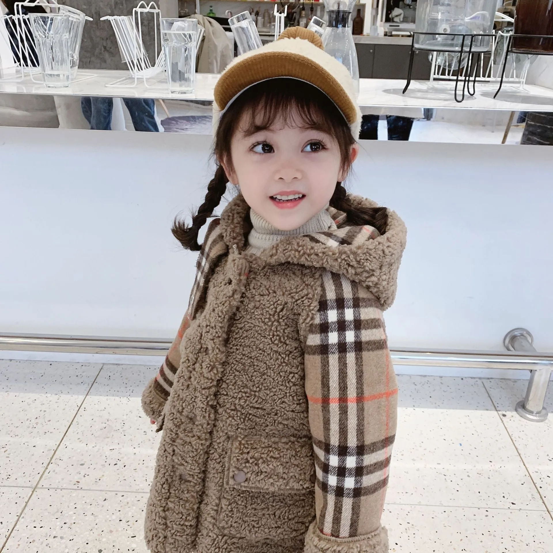 Trendy Little Girl Berber Fleece Checked Hooded Jacket