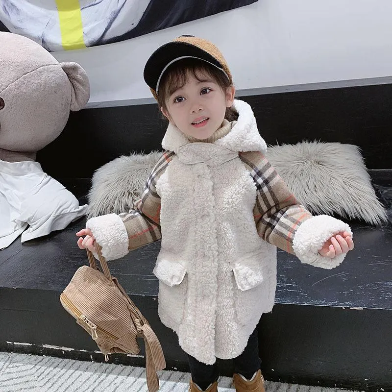 Trendy Little Girl Berber Fleece Checked Hooded Jacket