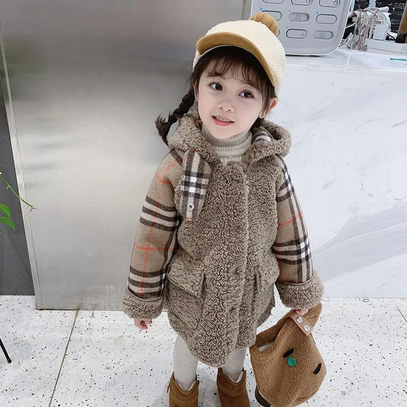 Trendy Little Girl Berber Fleece Checked Hooded Jacket