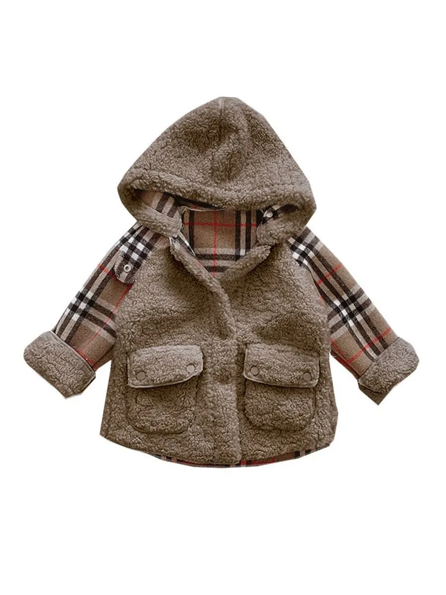 Trendy Little Girl Berber Fleece Checked Hooded Jacket