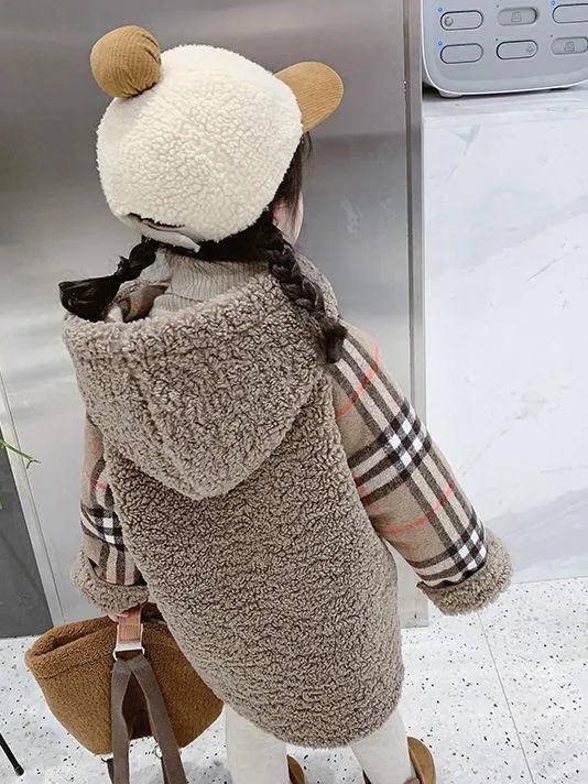 Trendy Little Girl Berber Fleece Checked Hooded Jacket