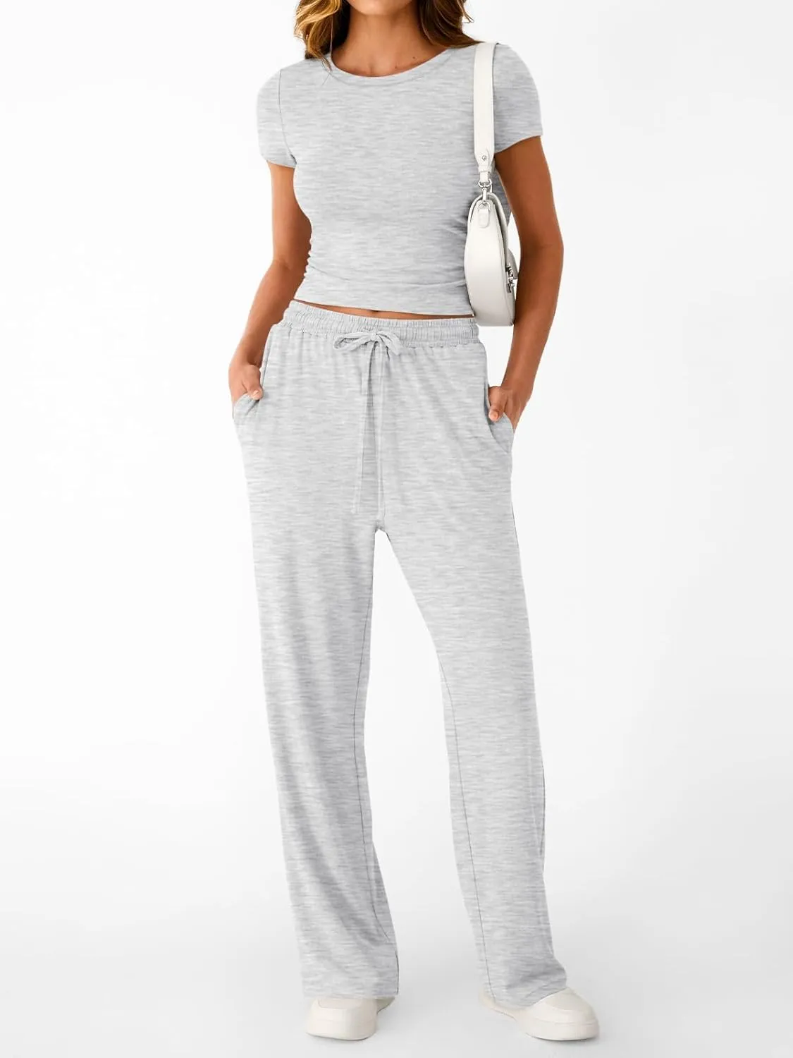 Trendy Queen 2 Piece Matching Summer Sweatsuit Lounge Set Womens Wide Leg Pants Side Ruching Crop Top Sets