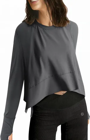 UEU Women's Crop Tops for Yoga Workout Athletic, Ice Cool Feeling Long Sleeves Shirts, Flowy Split Side Slit Oversized