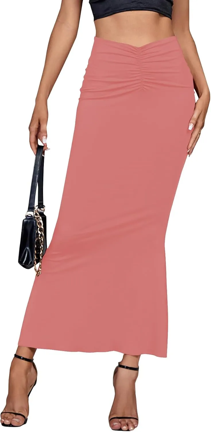 Umenlele Women's Casual High Waist Ruched Stretchy Bodycon Long Maxi Skirt