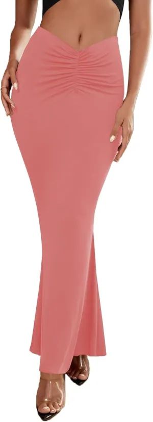 Umenlele Women's Casual High Waist Ruched Stretchy Bodycon Long Maxi Skirt