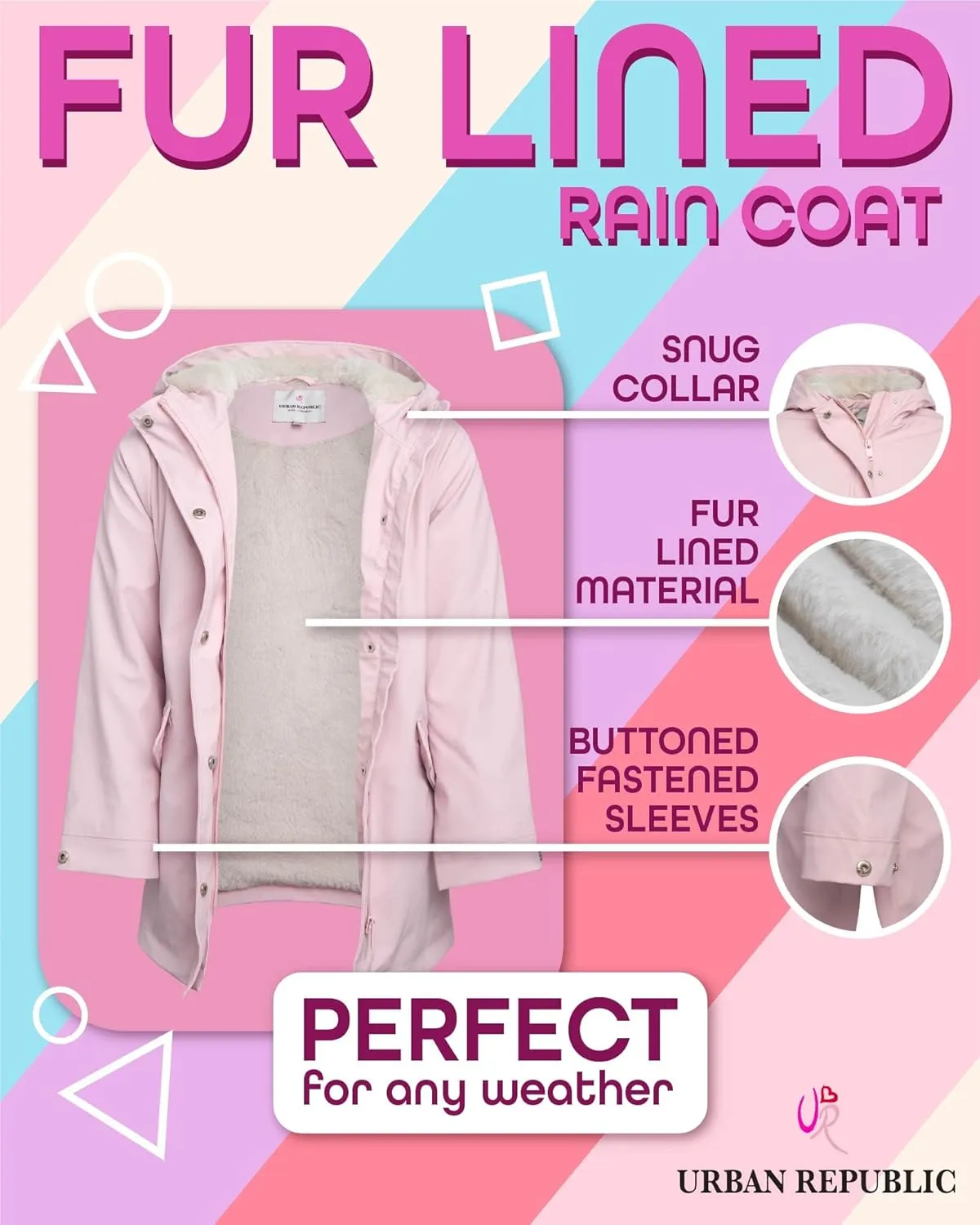URBAN REPUBLIC Girls Rain Jacket - Sherpa Fur Lined Waterproof Girls Rain Coat and Windbreaker Rain Jacket for Outdoor (7-16)