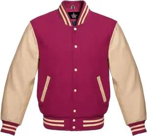 Varsity Jacket Baseball Letterman Bomber Wool & Cream Genuine leather sleeves
