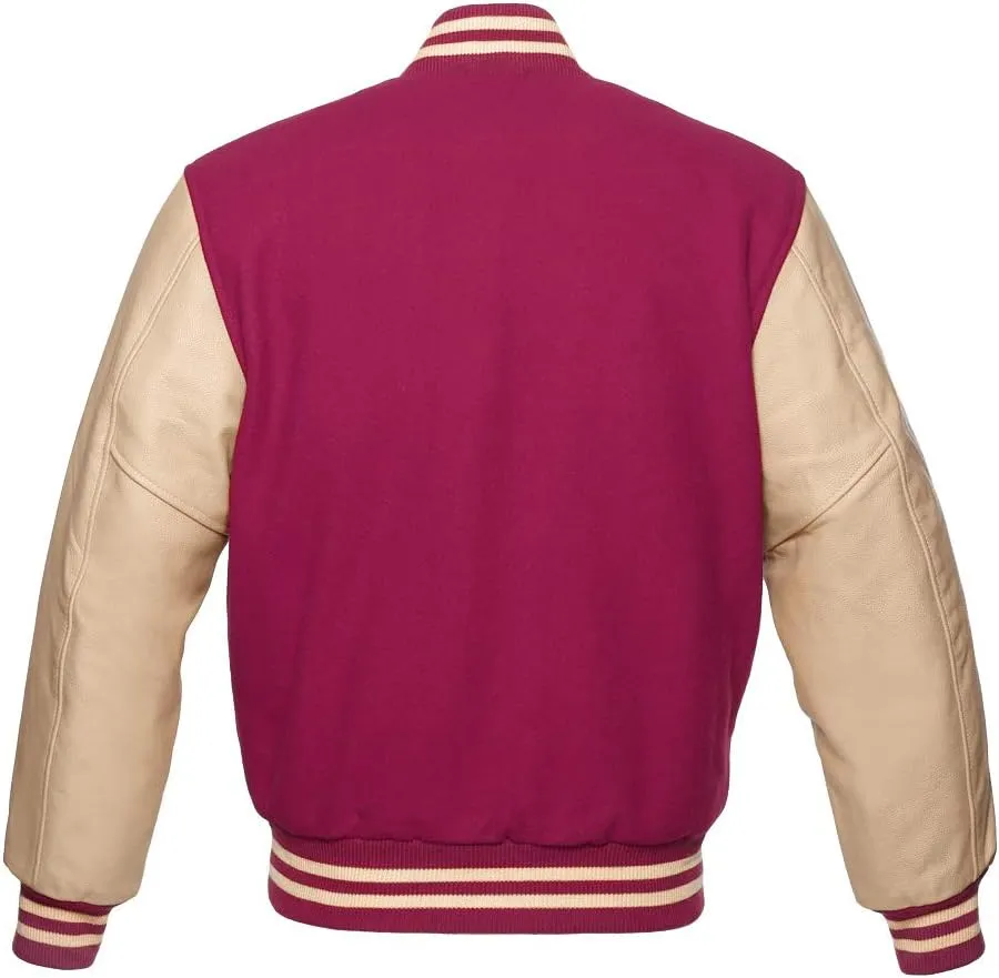 Varsity Jacket Baseball Letterman Bomber Wool & Cream Genuine leather sleeves