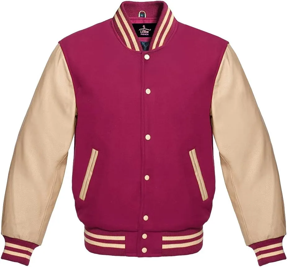 Varsity Jacket Baseball Letterman Bomber Wool & Cream Genuine leather sleeves