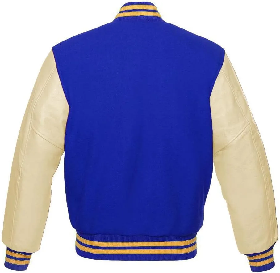 Varsity Jacket Baseball Letterman Bomber Wool & Light Cream Genuine leather Sleeves With Yellow Gold Stripe