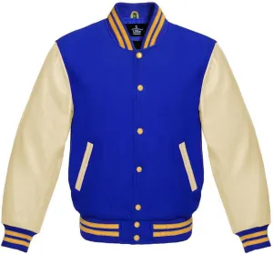Varsity Jacket Baseball Letterman Bomber Wool & Light Cream Genuine leather Sleeves With Yellow Gold Stripe