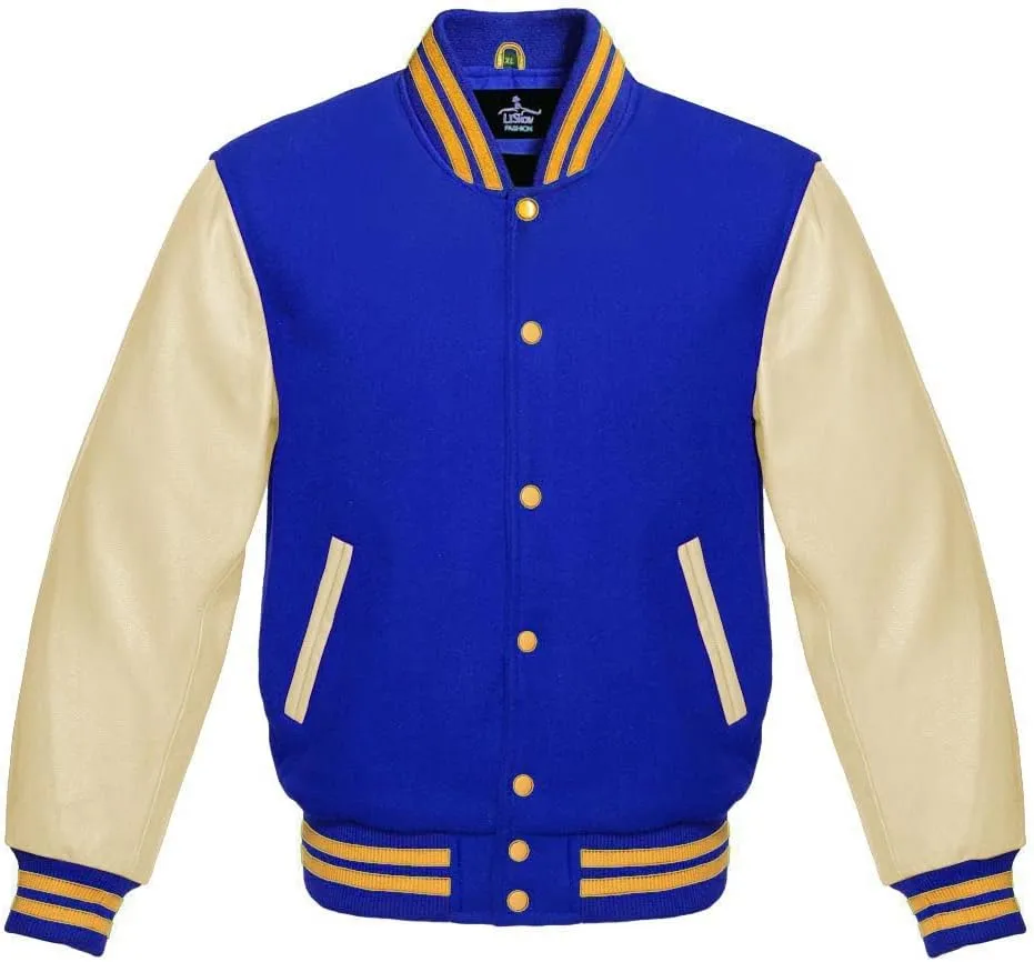 Varsity Jacket Baseball Letterman Bomber Wool & Light Cream Genuine leather Sleeves With Yellow Gold Stripe