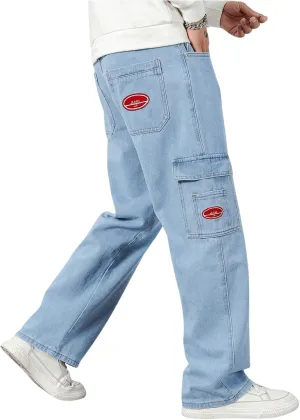 Verdusa Men's Denim Cargo Pants Letter Patched Straight Leg Streetwear Jeans Trousers