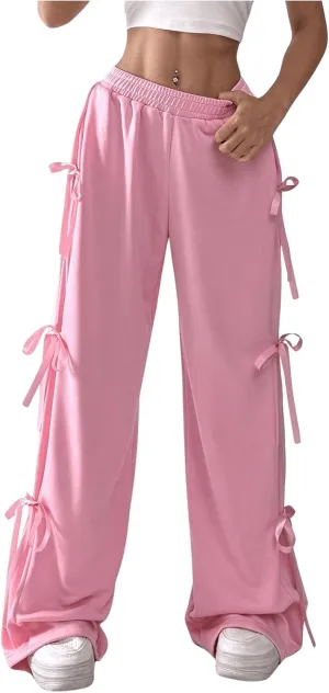 Verdusa Women's Bow Wide Leg Sweatpants Elastic Waist Casual Baggy Pants with Pocket