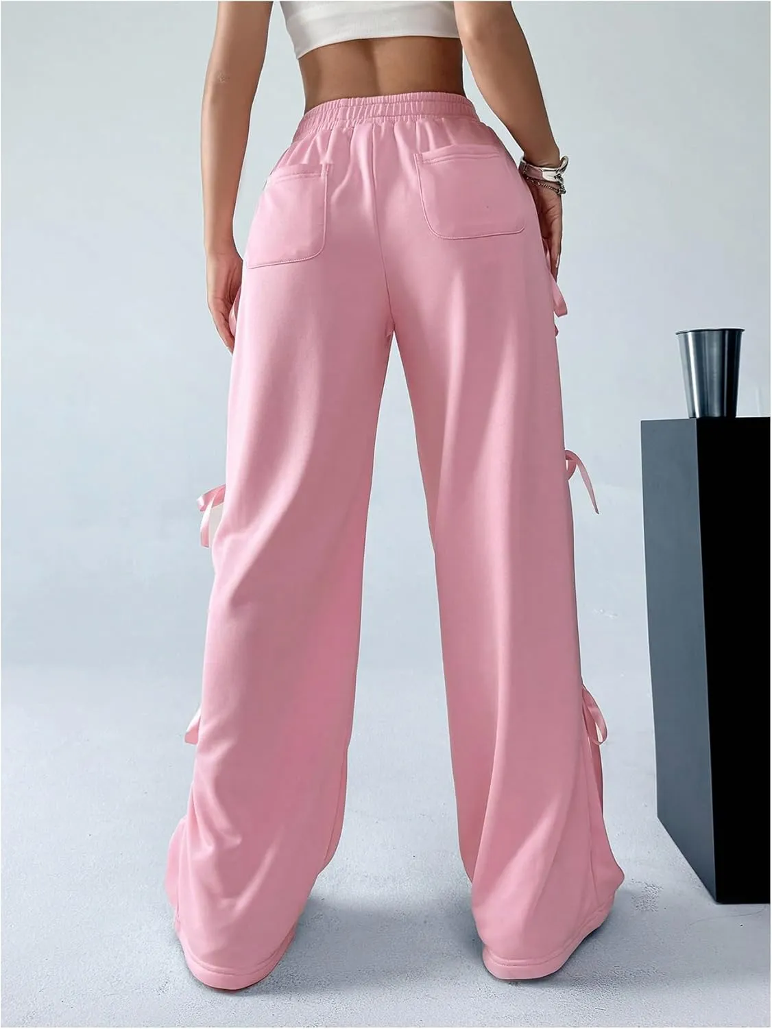 Verdusa Women's Bow Wide Leg Sweatpants Elastic Waist Casual Baggy Pants with Pocket