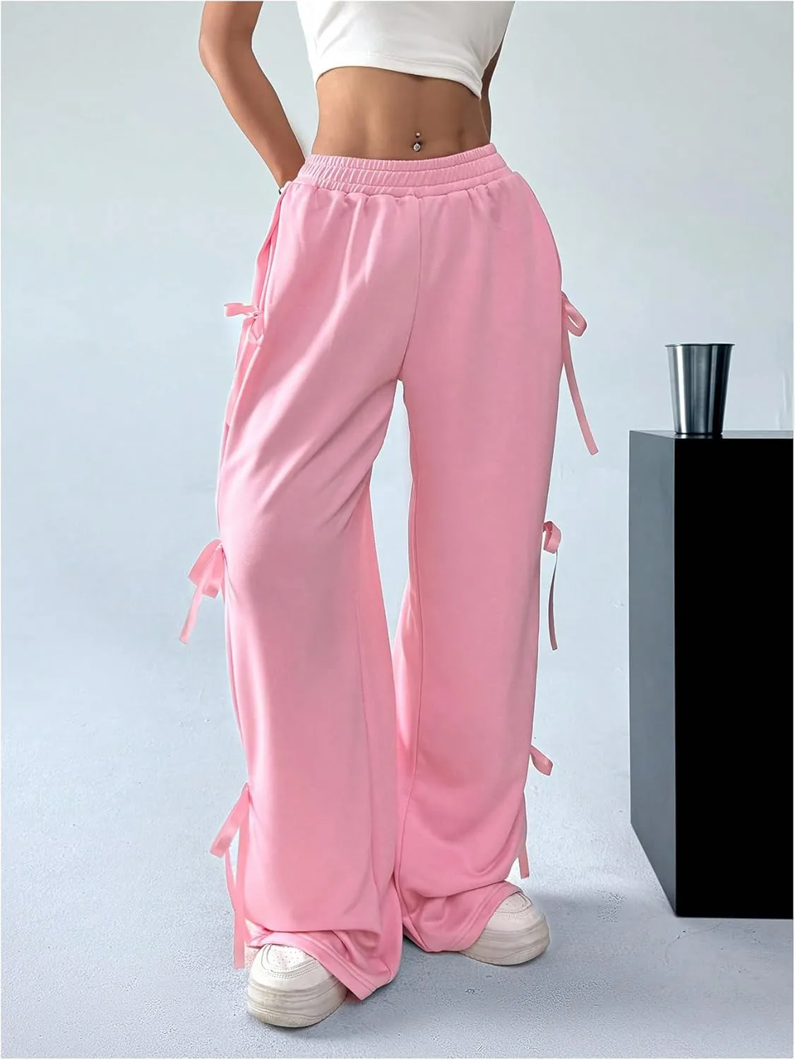 Verdusa Women's Bow Wide Leg Sweatpants Elastic Waist Casual Baggy Pants with Pocket