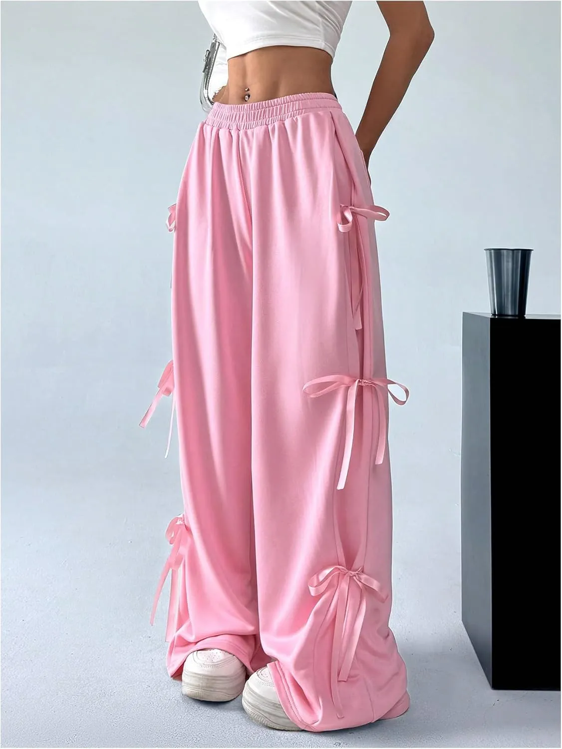 Verdusa Women's Bow Wide Leg Sweatpants Elastic Waist Casual Baggy Pants with Pocket