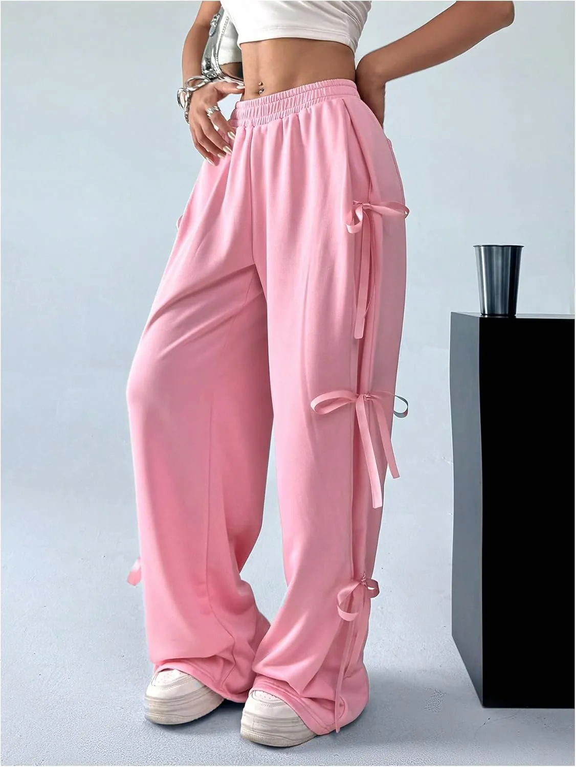 Verdusa Women's Bow Wide Leg Sweatpants Elastic Waist Casual Baggy Pants with Pocket