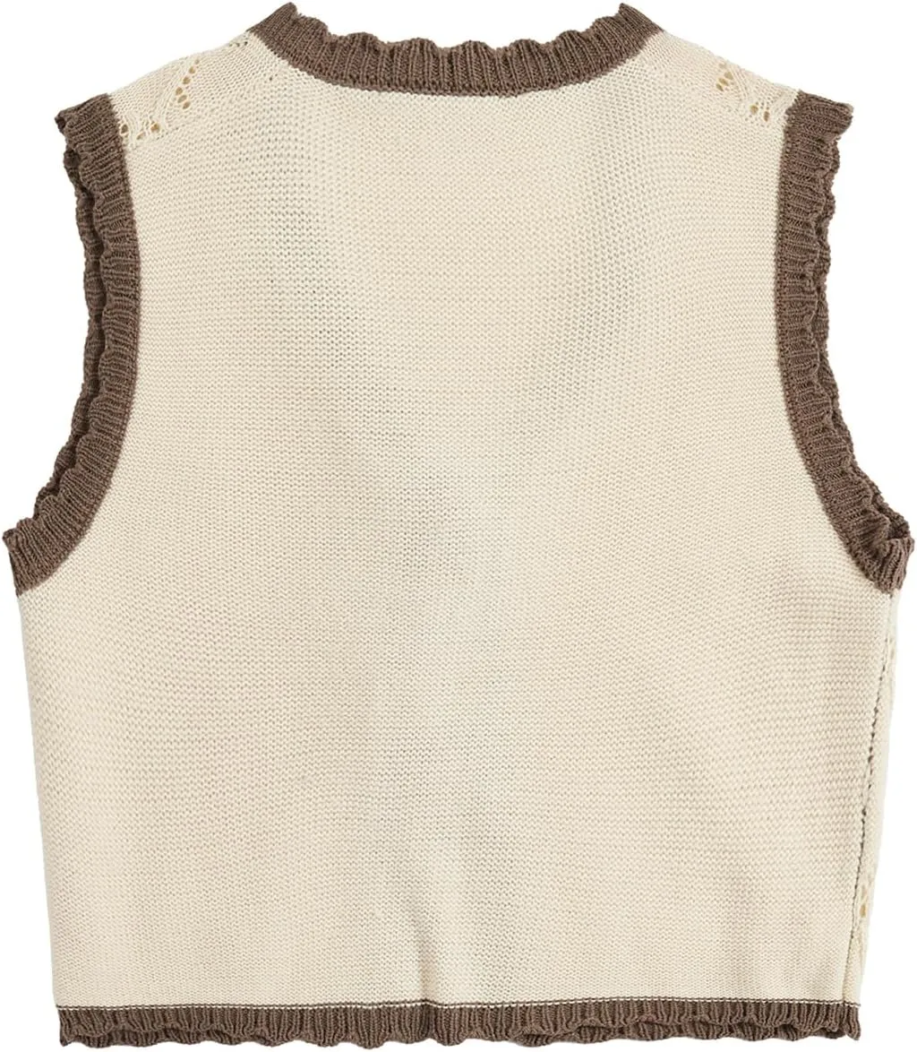 Verdusa Women's Sweater Vest Fall Fashion Trendy Tops Tie Front Sleeveless Crochet Knit Top