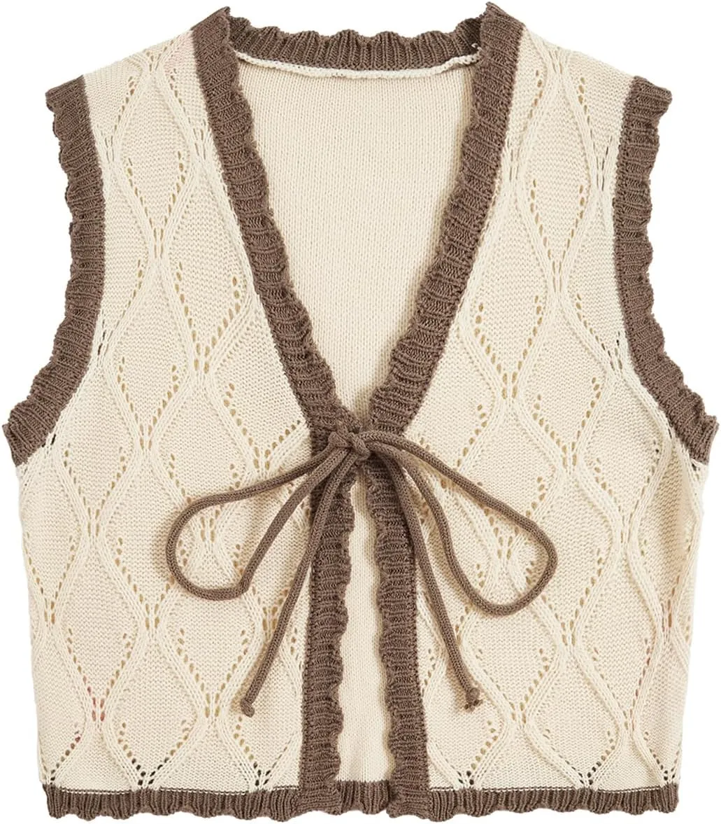 Verdusa Women's Sweater Vest Fall Fashion Trendy Tops Tie Front Sleeveless Crochet Knit Top