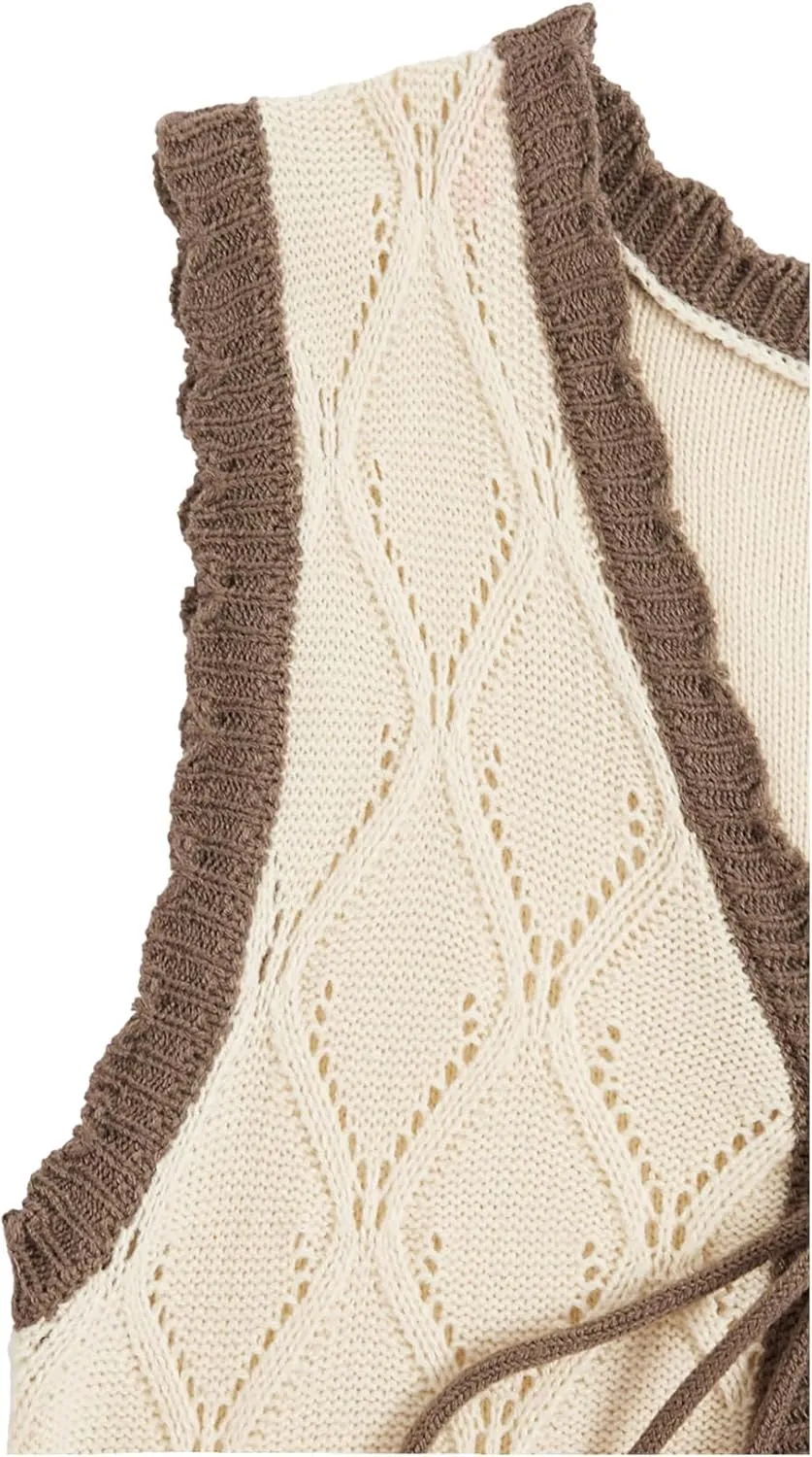 Verdusa Women's Sweater Vest Fall Fashion Trendy Tops Tie Front Sleeveless Crochet Knit Top