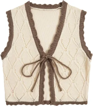 Verdusa Women's Sweater Vest Fall Fashion Trendy Tops Tie Front Sleeveless Crochet Knit Top