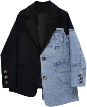 Vintage Denim Patchwork Suit Coat Female Long Sleeve Irregular Design Loose Fashion Women Blazer