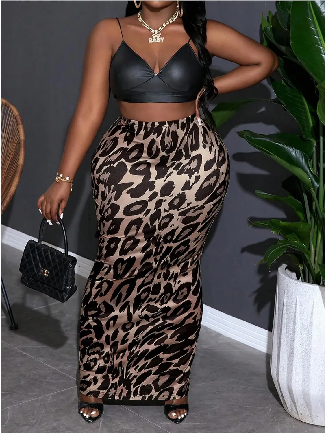 WDIRARA Women's Plus Size Leopard Print Elastic Waist Bodycon Maxi Skirt Pencil Skirt