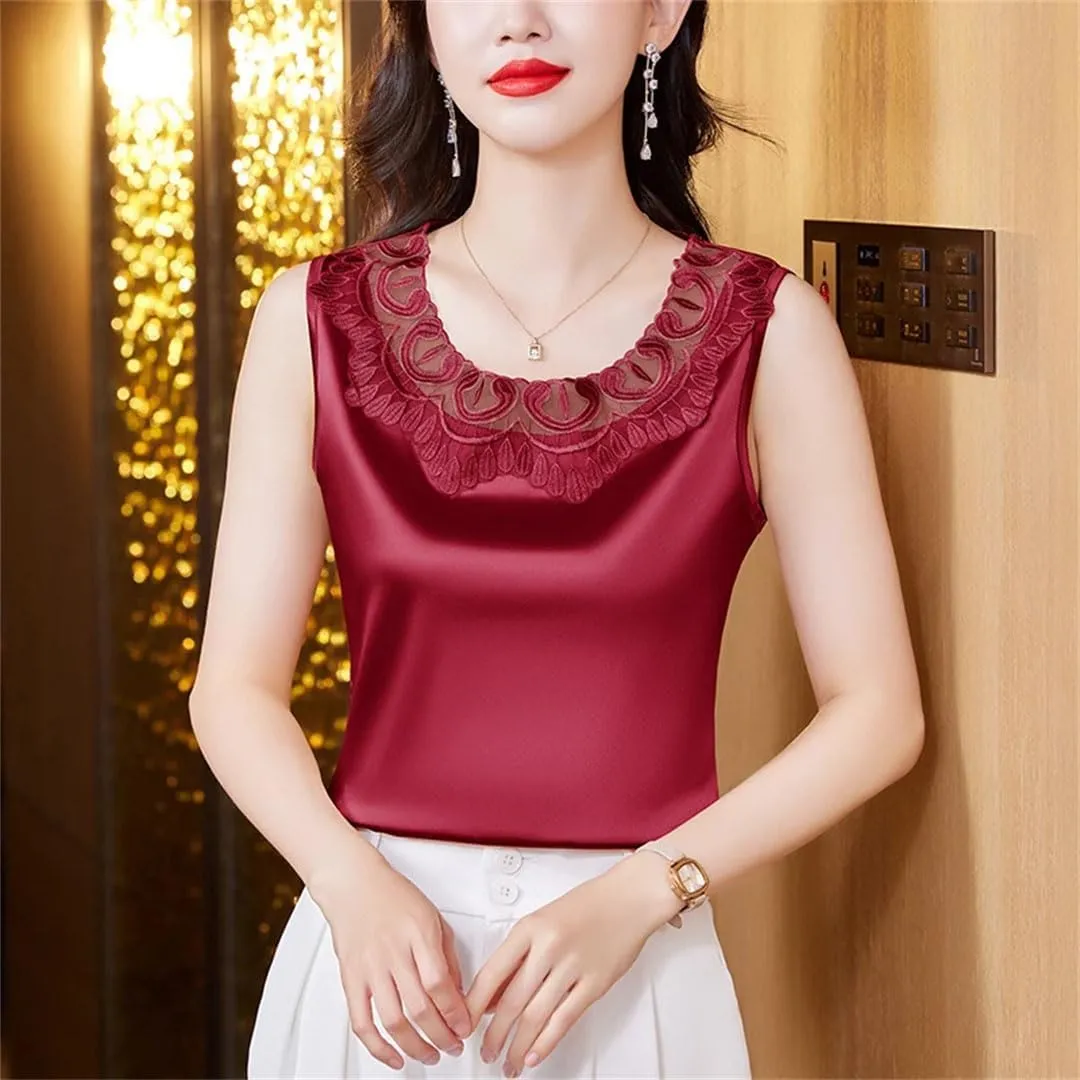 Women Tank Tops Sleeveless Round Neck Patchwork Lace Shirt Camisole