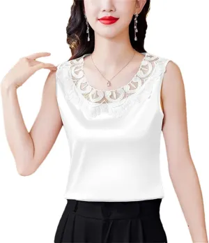 Women Tank Tops Sleeveless Round Neck Patchwork Lace Shirt Camisole