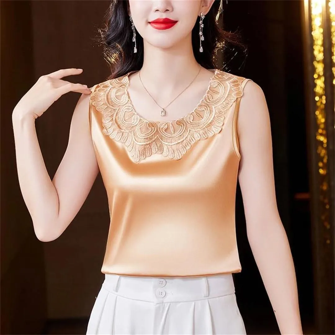 Women Tank Tops Sleeveless Round Neck Patchwork Lace Shirt Camisole