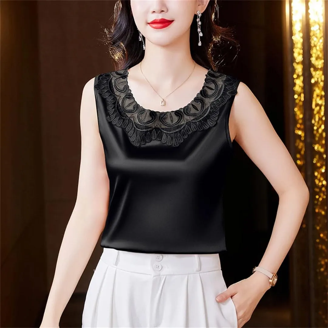 Women Tank Tops Sleeveless Round Neck Patchwork Lace Shirt Camisole