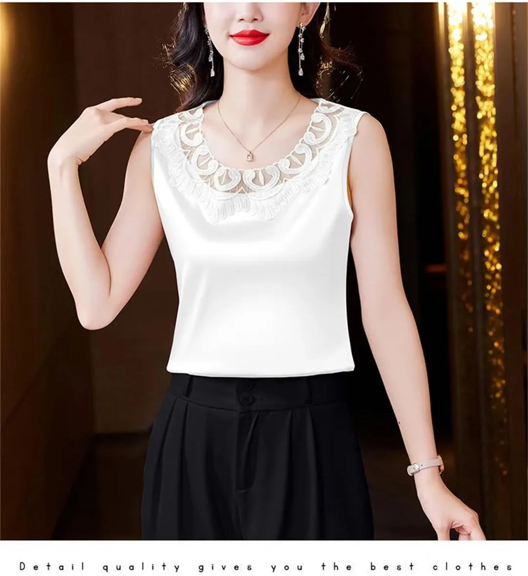 Women Tank Tops Sleeveless Round Neck Patchwork Lace Shirt Camisole