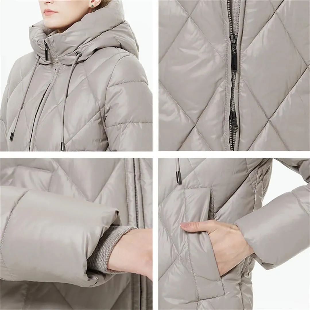 Women Winter Diamond Quilted Jacket Lengthened Style Padded Parka Thickened Warm Cotton Coat Down Jacket