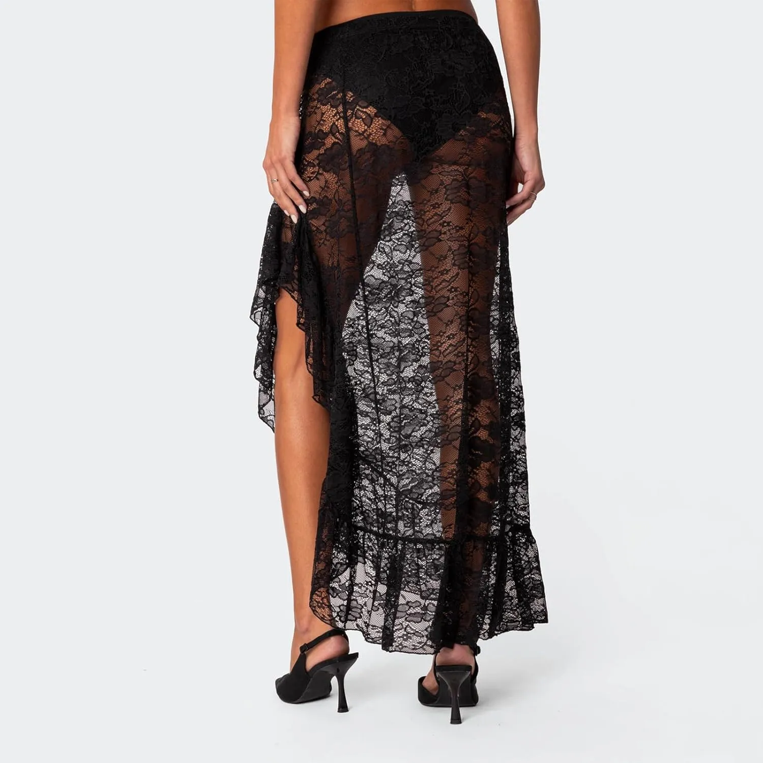 Women Y2k Lace Long Skirt Low Waist See Through Maxi Skirts Ruffle Mesh Midi Skirt Gothic Beach Party Club Skirt