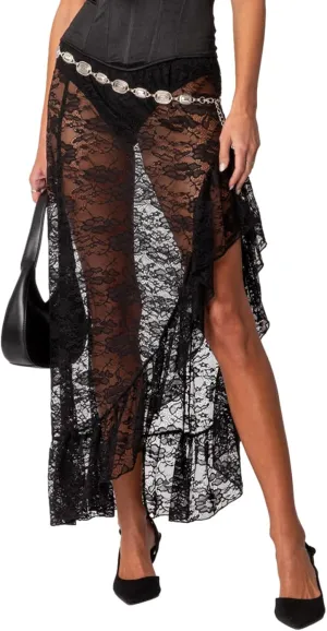 Women Y2k Lace Long Skirt Low Waist See Through Maxi Skirts Ruffle Mesh Midi Skirt Gothic Beach Party Club Skirt