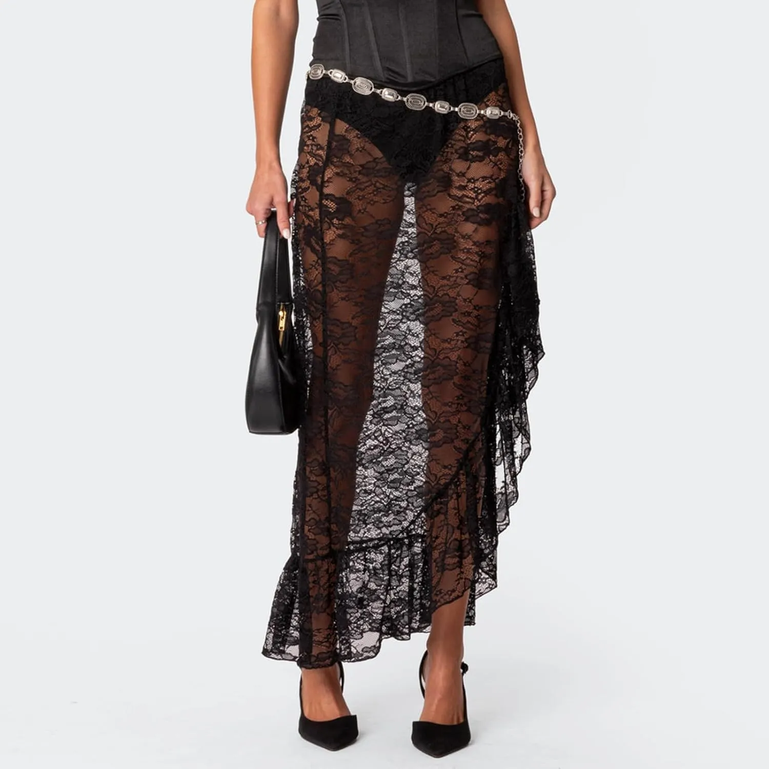 Women Y2k Lace Long Skirt Low Waist See Through Maxi Skirts Ruffle Mesh Midi Skirt Gothic Beach Party Club Skirt