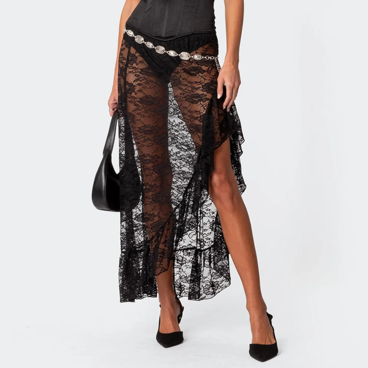 Women Y2k Lace Long Skirt Low Waist See Through Maxi Skirts Ruffle Mesh Midi Skirt Gothic Beach Party Club Skirt