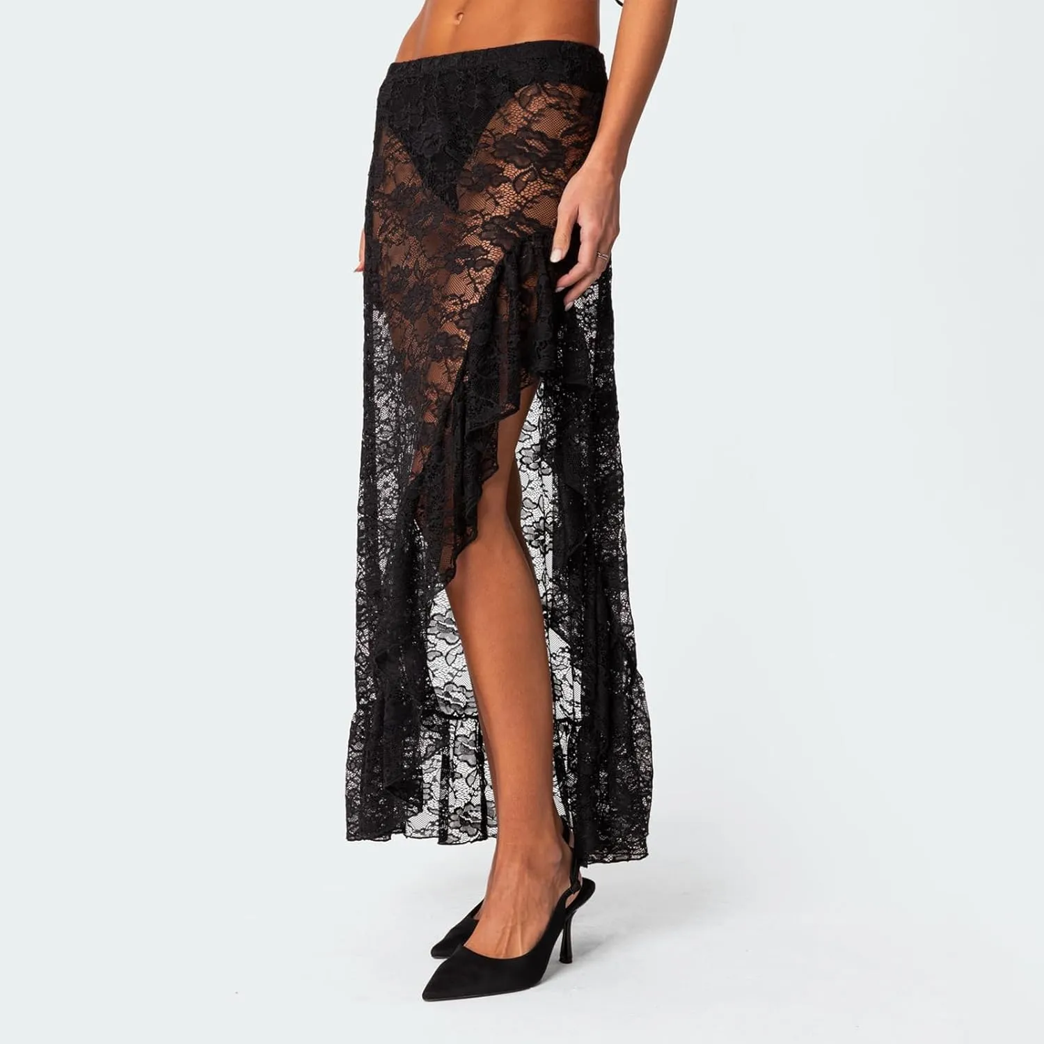 Women Y2k Lace Long Skirt Low Waist See Through Maxi Skirts Ruffle Mesh Midi Skirt Gothic Beach Party Club Skirt