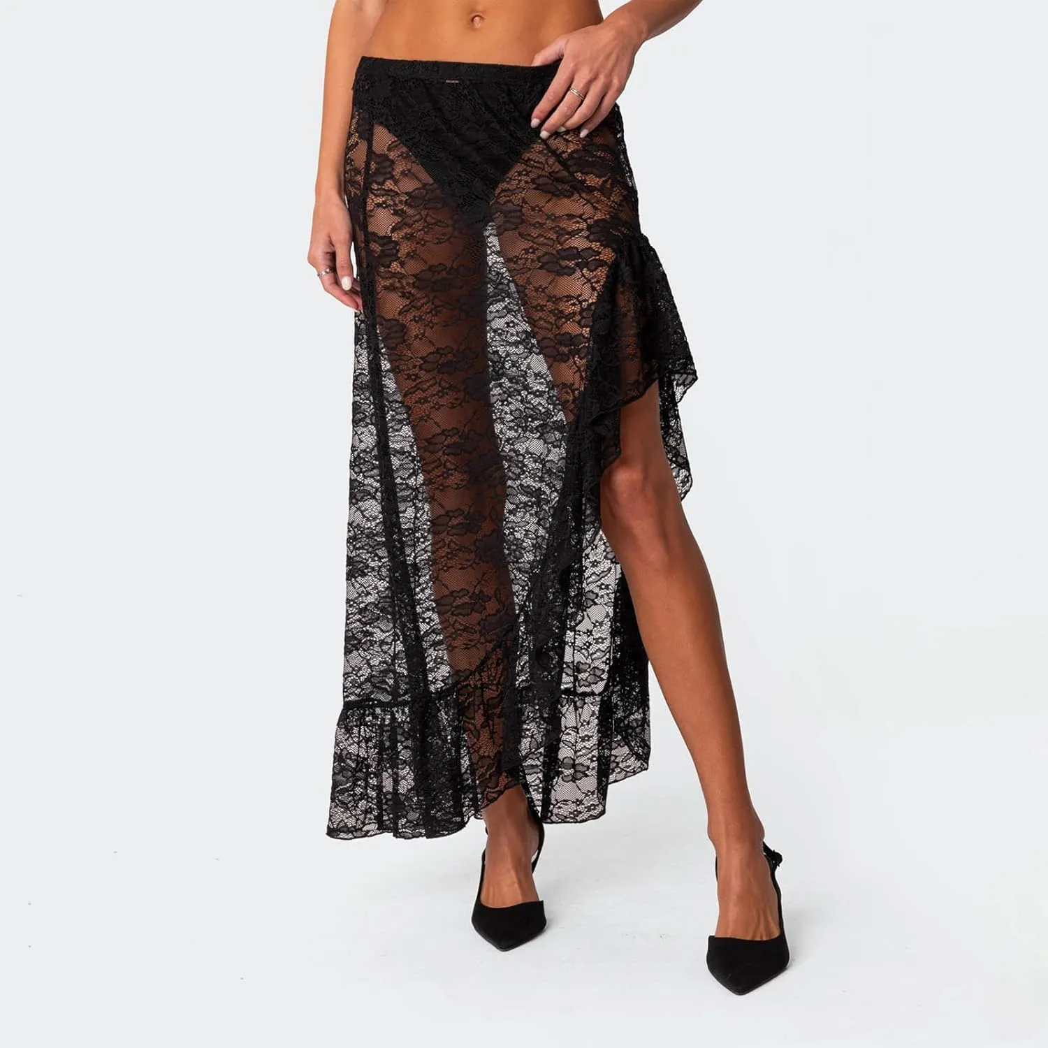 Women Y2k Lace Long Skirt Low Waist See Through Maxi Skirts Ruffle Mesh Midi Skirt Gothic Beach Party Club Skirt