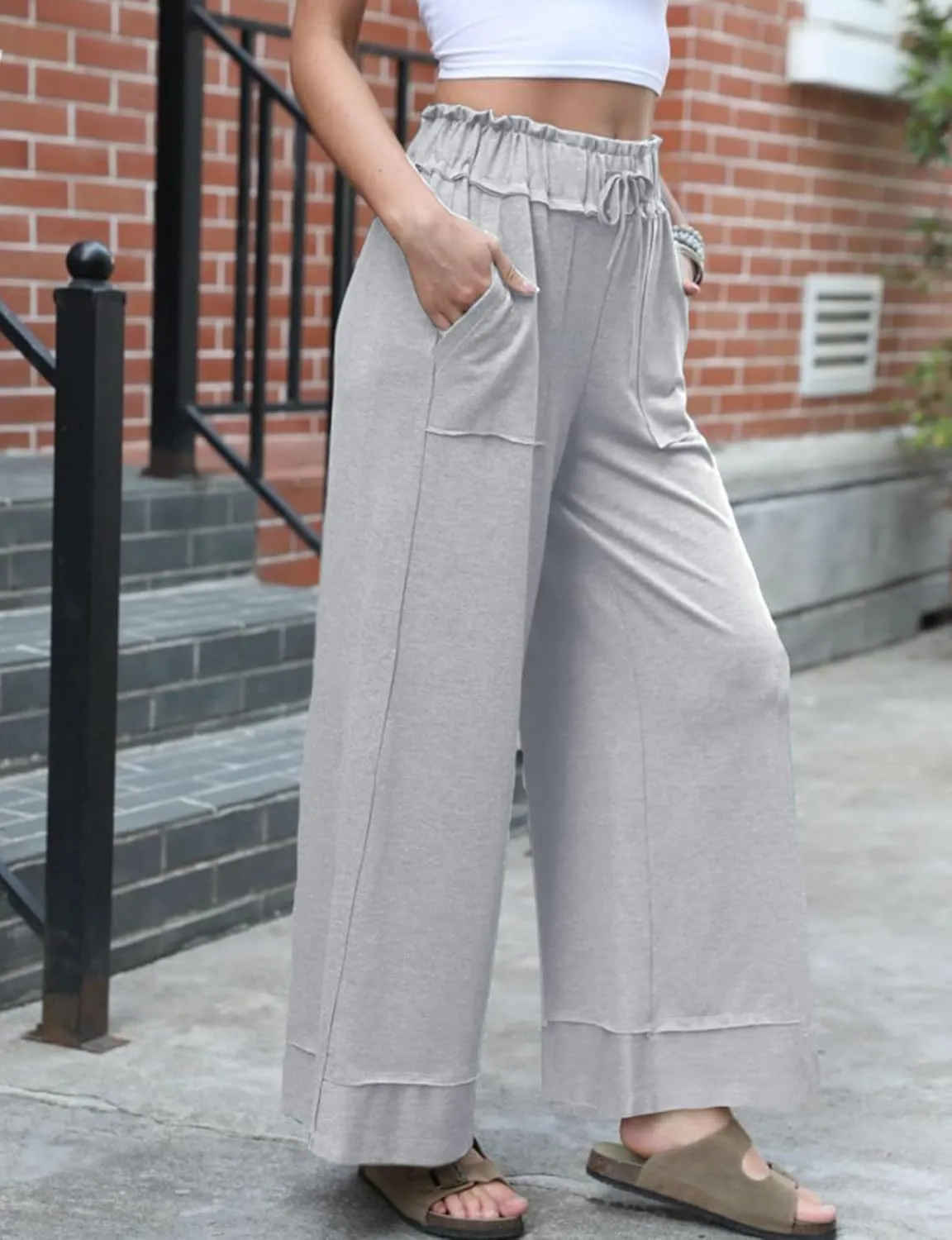 Women's Baggy Wide Leg Pants High Waist Drawstring Palazzo Lounge Sweatpants with Pockets