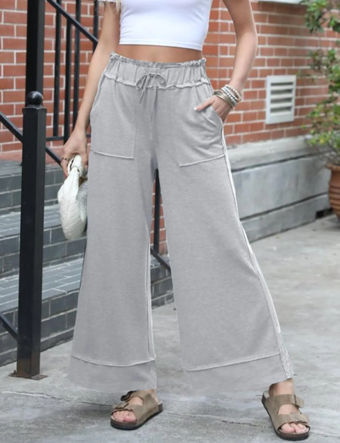 Women's Baggy Wide Leg Pants High Waist Drawstring Palazzo Lounge Sweatpants with Pockets