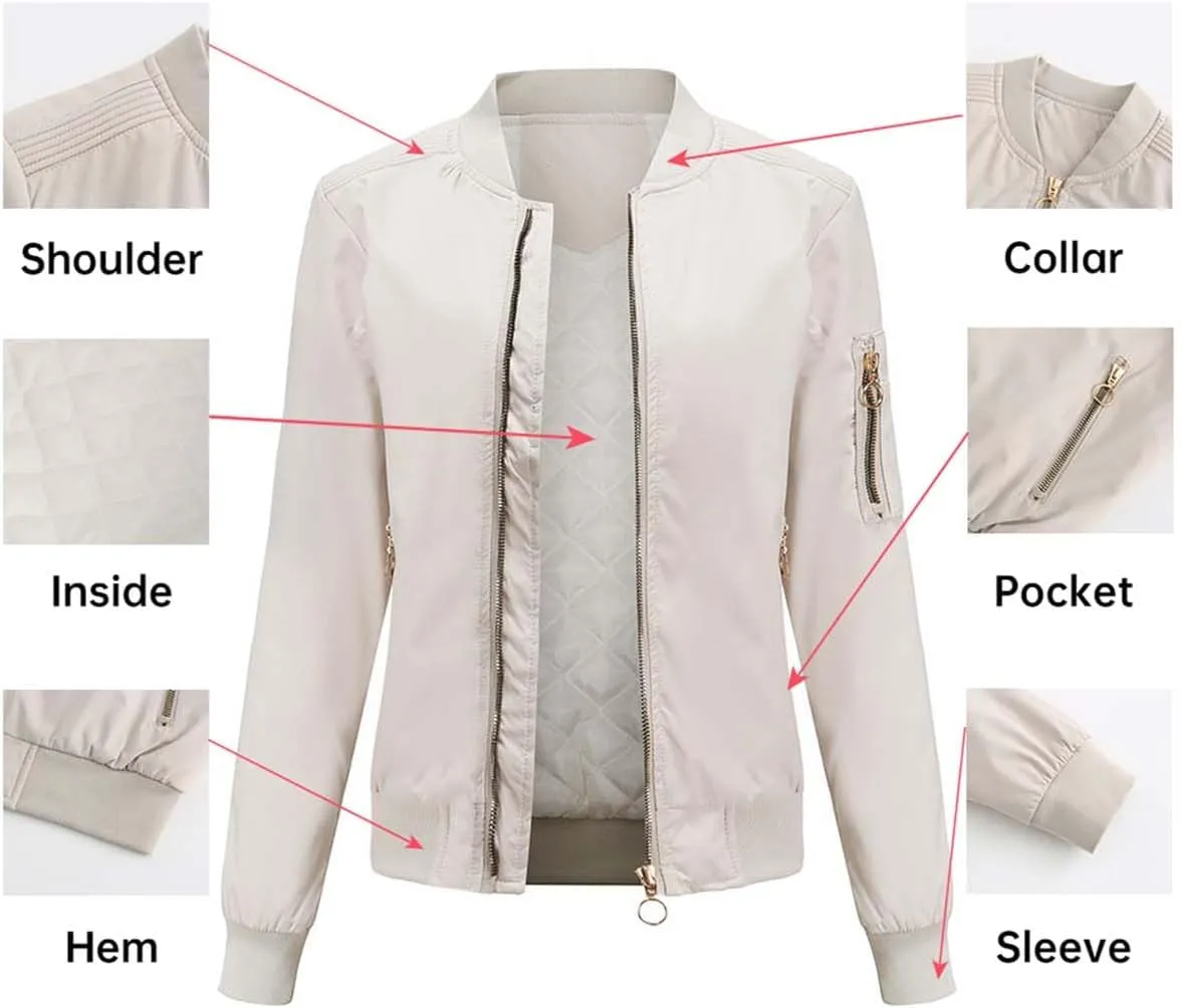 Women's Bomber Jacket Lightweight Varsity Zip Up Coat Casual Long Sleeve Windbreaker